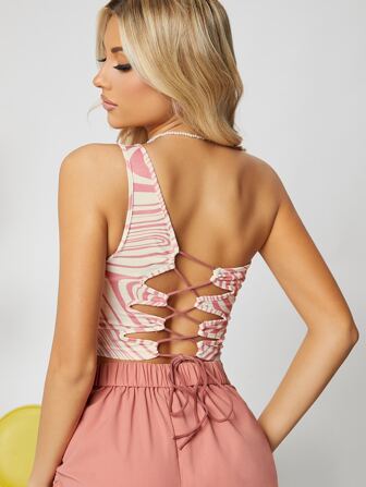 Top corto con estampado con cordón con cordón trasero de un hombro