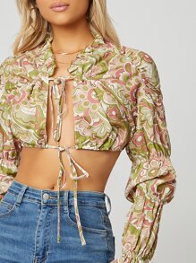 SHEIN VCAY Flounce Sleeve Tie Front Floral Top - Multicolor - View 4