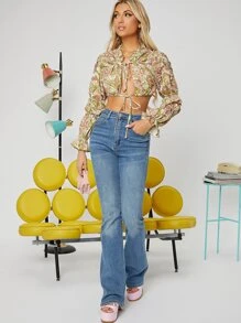 SHEIN VCAY Flounce Sleeve Tie Front Floral Top - Multicolor - View 5