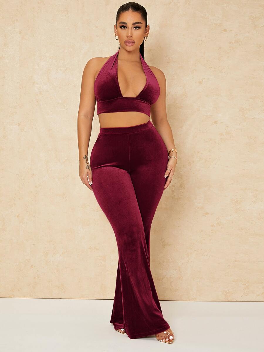 SHEIN SXY Backless Crop Velvet Halter Top & Flare Leg Pants - Burgundy - View 1