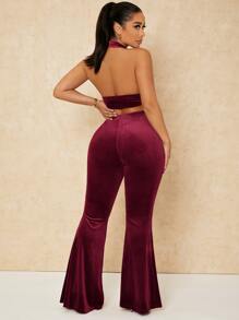 SHEIN SXY Backless Crop Velvet Halter Top & Flare Leg Pants - Burgundy - View 2