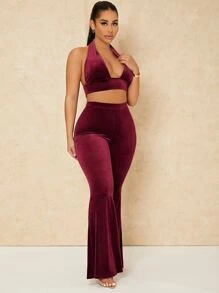 SHEIN SXY Backless Crop Velvet Halter Top & Flare Leg Pants - Burgundy - View 3