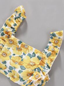 SHEIN Toddler Girls Floral Print Shirred Cami Top & Ruffle Hem Skirt - Yellow - View 3