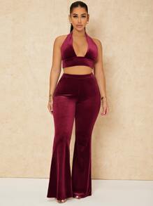 SHEIN SXY Backless Crop Velvet Halter Top & Flare Leg Pants - Burgundy - View 4