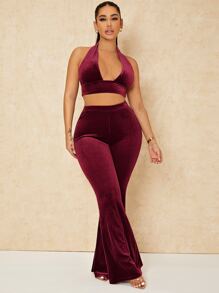 SHEIN SXY Backless Crop Velvet Halter Top & Flare Leg Pants - Burgundy - View 5