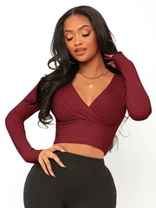 SHEIN SXY 交疊領短款T恤 - 酒紅色 - 查看 3