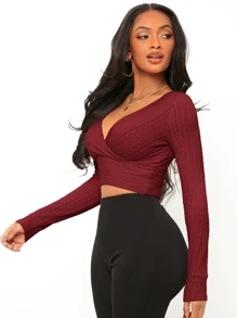 SHEIN SXY 交疊領短款T恤 - 酒紅色 - 查看 4