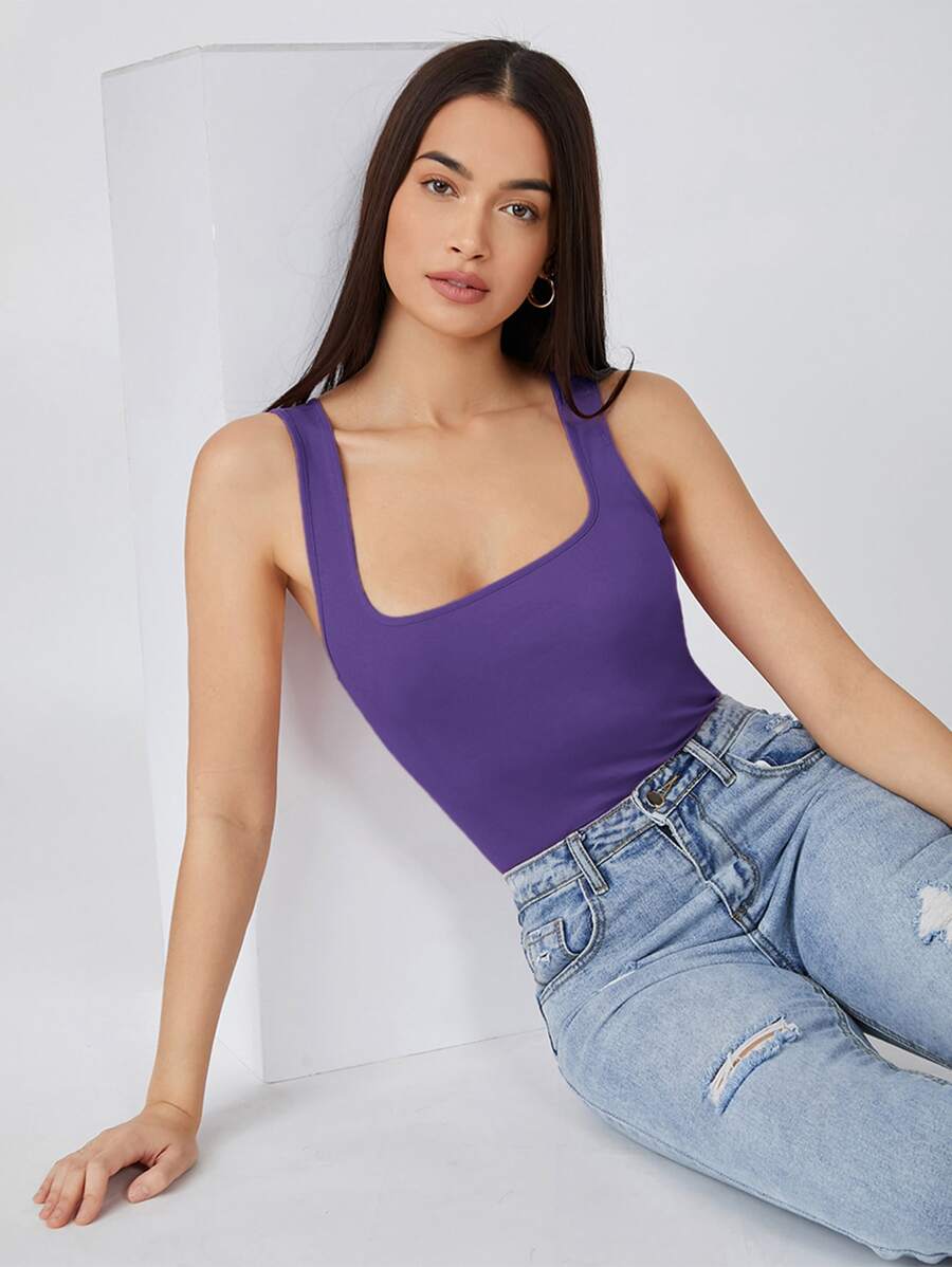 SHEIN BASICS Scoop Neck Solid Tank Top - Violet Purple - View 1