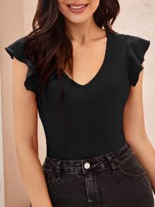SHEIN Clasi Butterfly Sleeve V Neck T-Shirt - Black - View 2