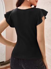 SHEIN Clasi Butterfly Sleeve V Neck T-Shirt - Black - View 3