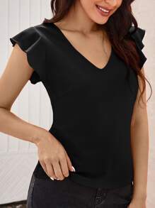 SHEIN Clasi Butterfly Sleeve V Neck T-Shirt - Black - View 5