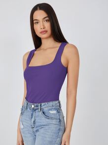 SHEIN BASICS Scoop Neck Solid Tank Top - Violet Purple - View 3