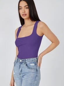 SHEIN BASICS Scoop Neck Solid Tank Top - Violet Purple - View 4