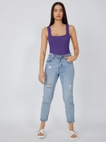 SHEIN BASICS Scoop Neck Solid Tank Top - Violet Purple - View 5
