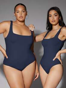 Silquee 1 pieza Body de cuello cuadrado de color sólido - Azul Marino - Ver 3
