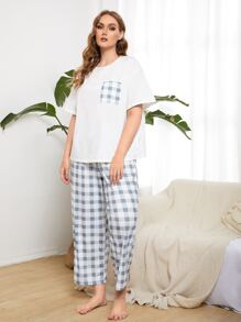 SHEIN 大碼前口袋上衣和雙色格子長褲睡衣套裝 - 藍白色 - 查看 1