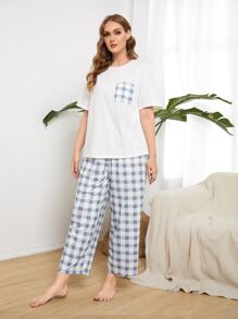 SHEIN 大碼前口袋上衣和雙色格子長褲睡衣套裝 - 藍白色 - 查看 4