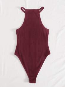 SHEIN Privé 大碼繞頸領羅紋針織連體衣 - 紫紅色 - 查看 2