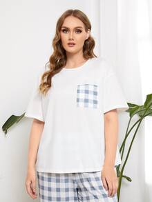 SHEIN 大碼前口袋上衣和雙色格子長褲睡衣套裝 - 藍白色 - 查看 5