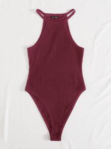 SHEIN Privé 大碼繞頸領羅紋針織連體衣 - 紫紅色 - 查看 4