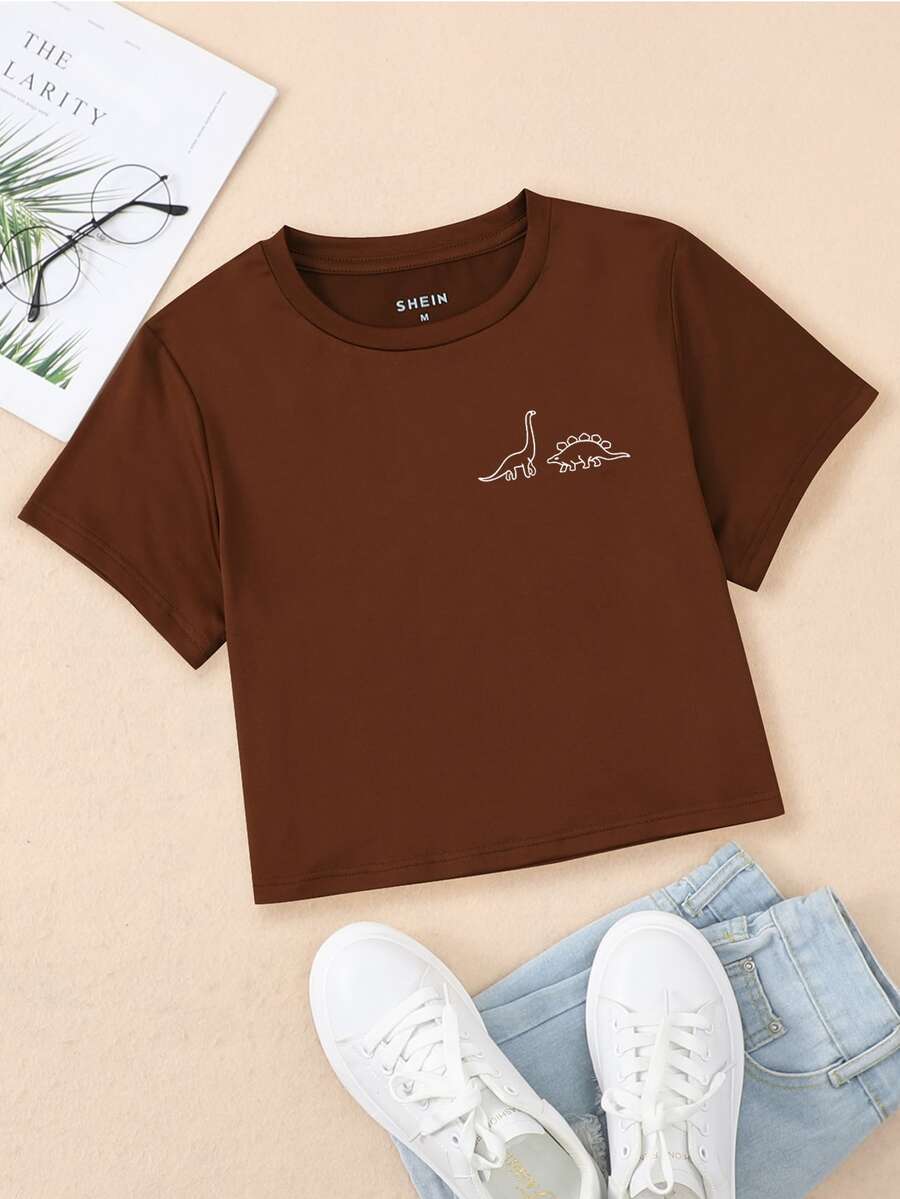 Áo thun cổ tròn in hình khủng long Áo thun họa tiết cho nữ - Cà phê nâu - Xem 1