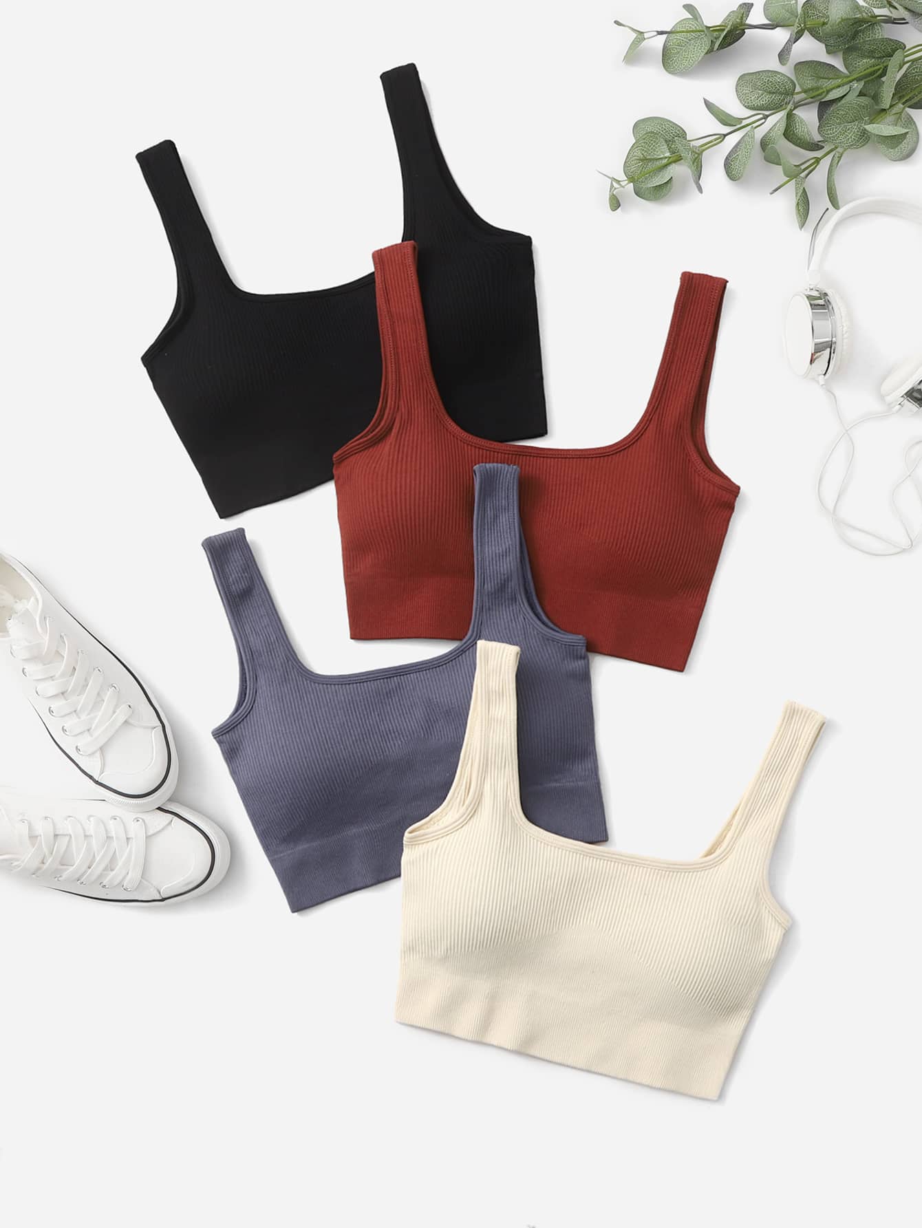 4 piezas Sujetador deportivo soporte alto sin costuras tejido de canalé - Multicolor - Ver 1