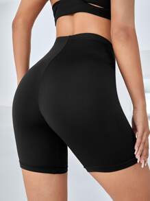 Yoga Basic High Waist Solid Sports Shorts - Black - View 2