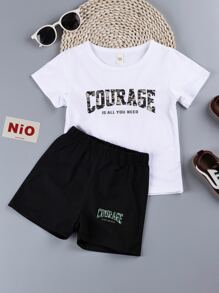 小男童標語和迷彩印花T恤和短褲 - 黑與白 - 查看 1