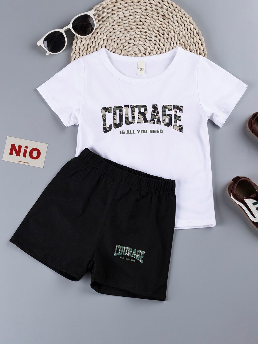 小男童標語和迷彩印花T恤和短褲 - 黑與白 - 查看 1