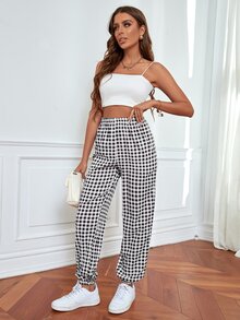 Gingham Pattern Carrot Trousers - Black and White - View 4
