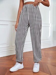 Gingham Pattern Carrot Trousers - Black and White - View 5