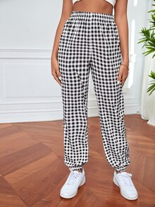 Gingham Pattern Carrot Trousers - Black and White - View 6