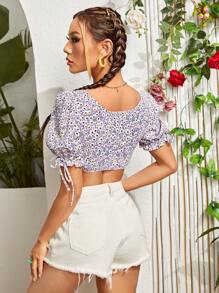 Top corto floral de margarita con cordón delantero de manga farol - Multicolor - Ver 2