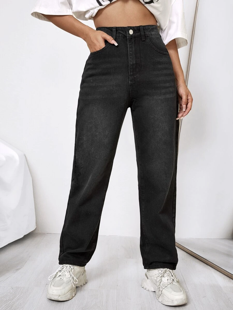 High Waist Straight Leg Jeans - Black - View 1