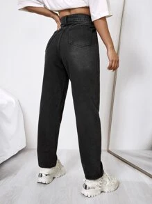 High Waist Straight Leg Jeans - Black - View 2