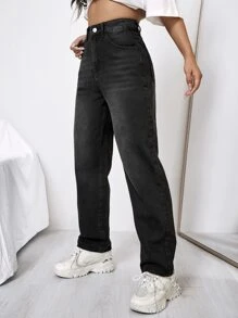 High Waist Straight Leg Jeans - Black - View 3