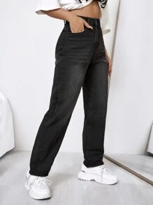 High Waist Straight Leg Jeans - Black - View 4