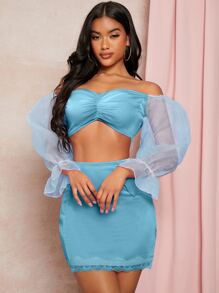 網紗拼接荷葉袖露肩上衣和蕾絲邊開衩半身裙 - 藍色 - 查看 5