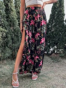 SHEIN VCAY Allover Floral Print Split Thigh Wide Leg Trousers - Multicolor - View 3