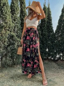 SHEIN VCAY Allover Floral Print Split Thigh Wide Leg Trousers - Multicolor - View 5