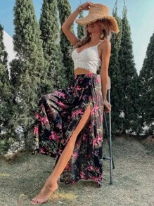 SHEIN VCAY Allover Floral Print Split Thigh Wide Leg Trousers - Multicolor - View 1