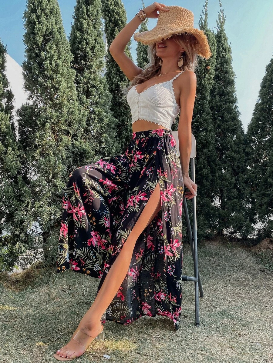 SHEIN VCAY Allover Floral Print Split Thigh Wide Leg Trousers - Multicolor - View 1
