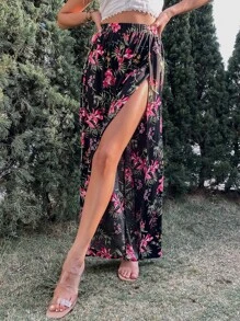 SHEIN VCAY Allover Floral Print Split Thigh Wide Leg Trousers - Multicolor - View 2