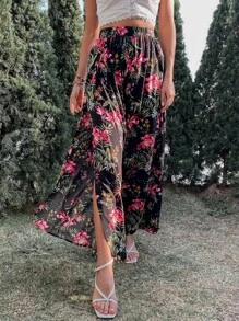 SHEIN VCAY Allover Floral Print Split Thigh Wide Leg Trousers - Multicolor - View 6