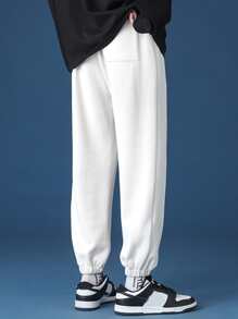 Manfinity Men Spaceman & Planet Print Seam Detail Drawstring Joggers - White - View 2