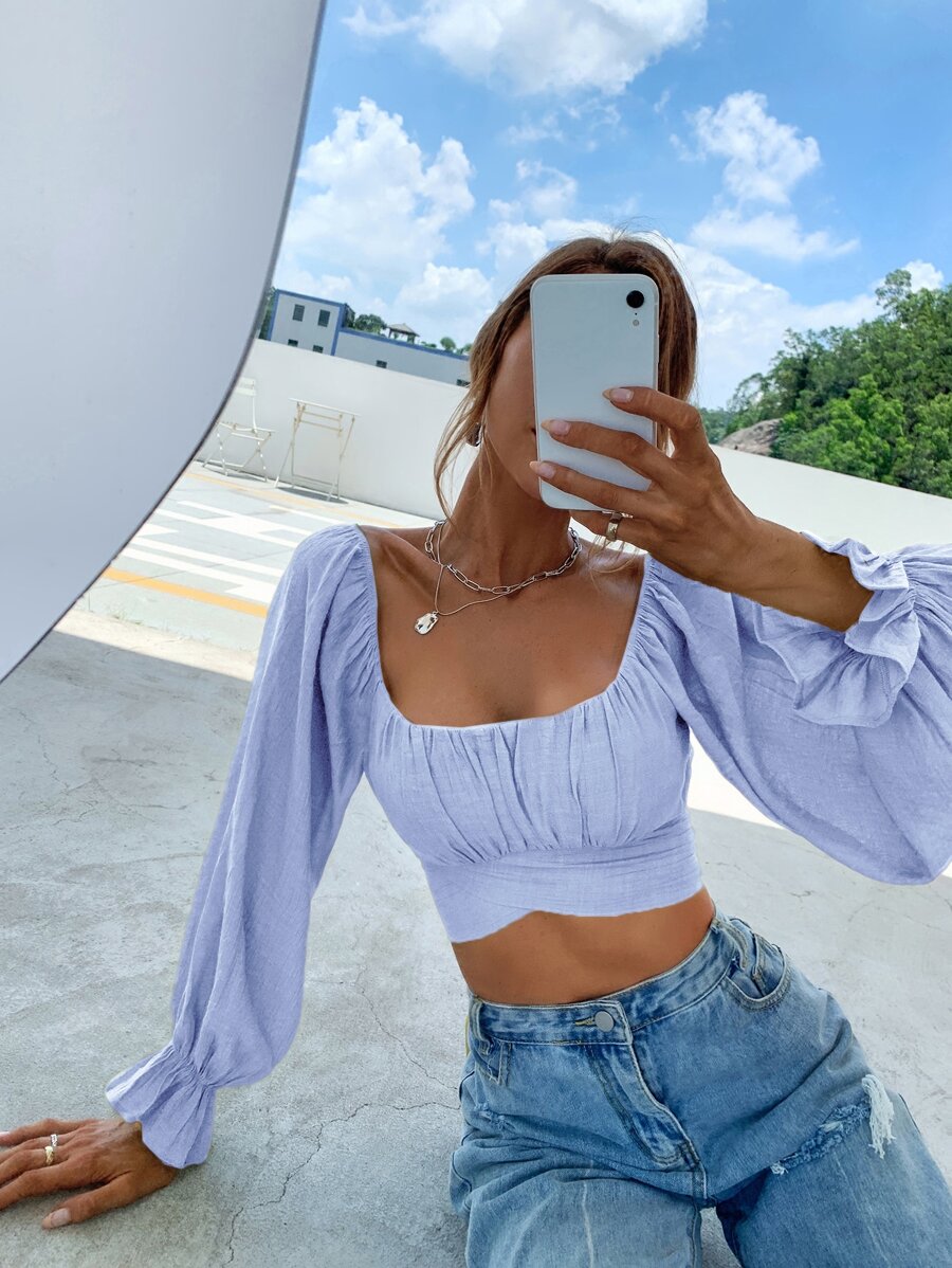 SHEIN Privé Áo sơ mi nữ Xù Buộc lại màu trơn Boho - Màu xanh nhạt - Xem 1