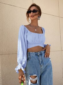 SHEIN Privé Áo sơ mi nữ Xù Buộc lại màu trơn Boho - Màu xanh nhạt - Xem 5