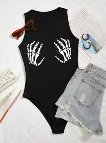 Flirla Skeleton Hand Print Tank Bodysuit