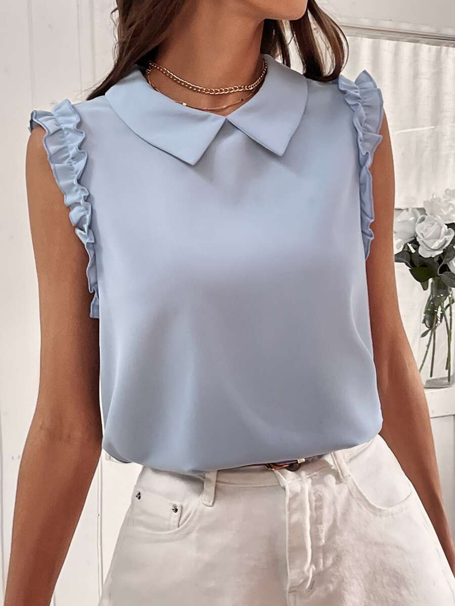 SHEIN Privé Áo sơ mi nữ viền lá sen màu trơn Giải trí - Màu xanh nhạt - Xem 1