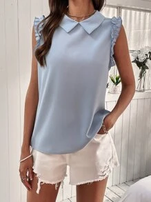 SHEIN Privé Áo sơ mi nữ viền lá sen màu trơn Giải trí - Màu xanh nhạt - Xem 6